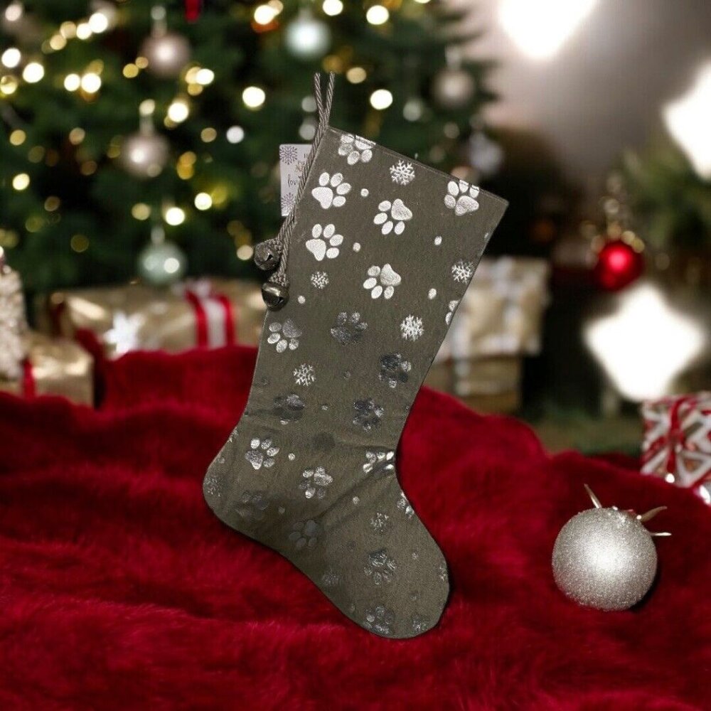 Paw Print Gray & Silver Holiday Stocking Pet Bells Christmas Lovingkindness NEW